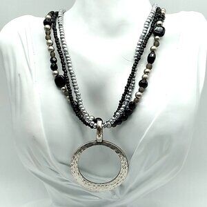 PD NIGHT LIFE Necklace Black & Silver Beaded Multi-strand Removable Circle Penda